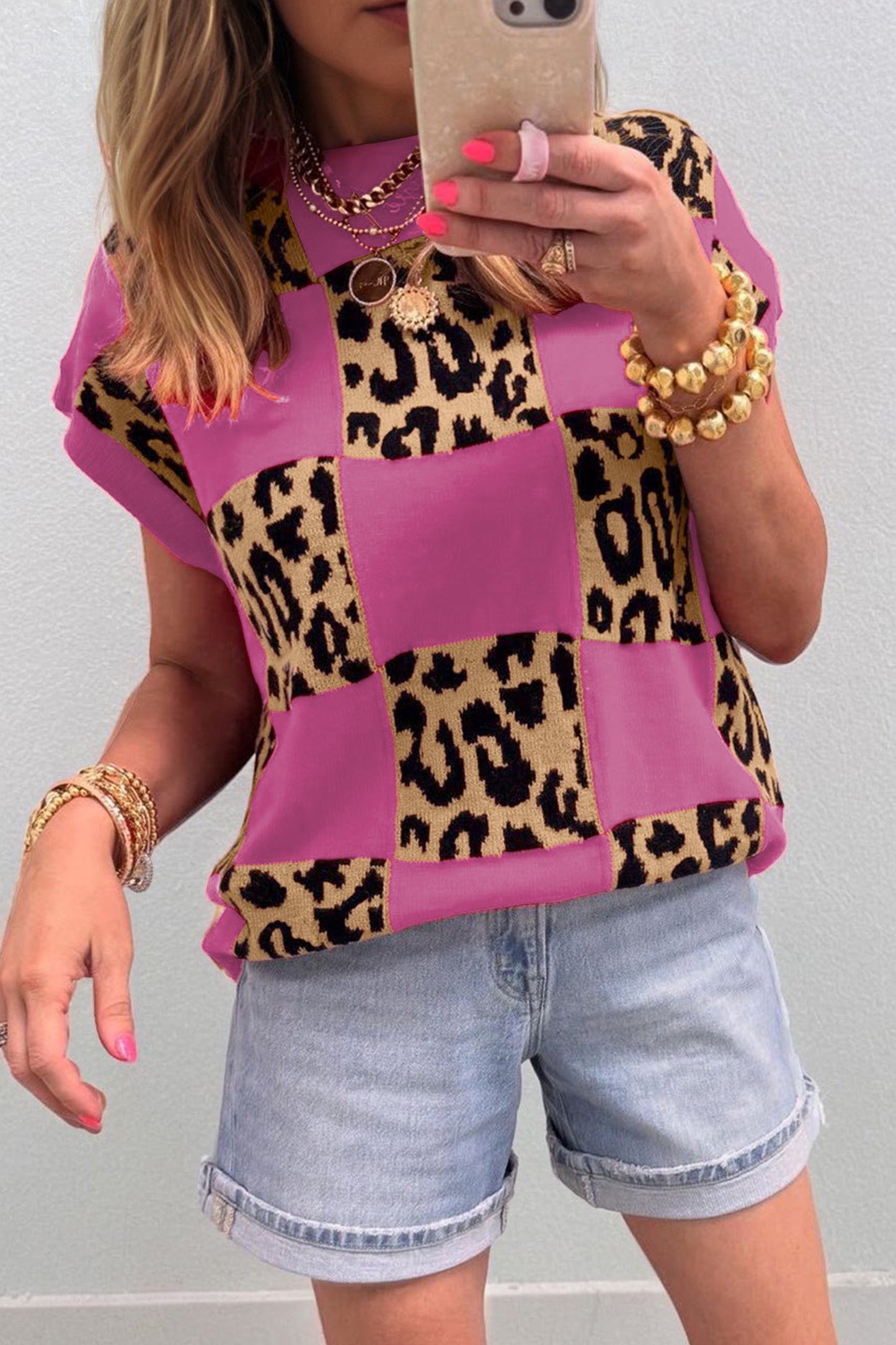 Rose Red Leopard Checkerboard Short Sleeve Knit Sweater-TOPS / DRESSES-[Adult]-[Female]-2022 Online Blue Zone Planet