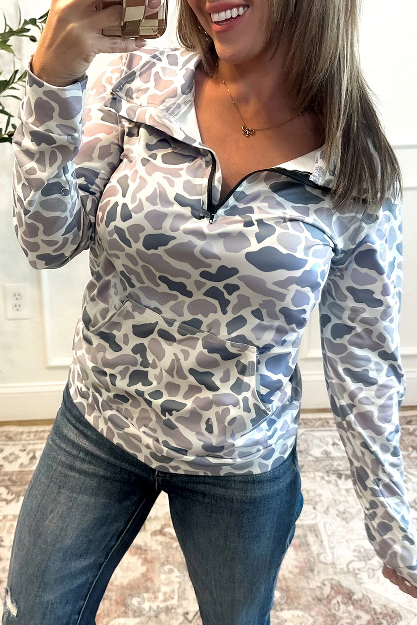 Multicolour Camouflage Print Kangaroo Pocket Zip Collar Pullover Sweatshirt-Tops/Sweatshirts & Hoodies-[Adult]-[Female]-Multicolour-S-2022 Online Blue Zone Planet