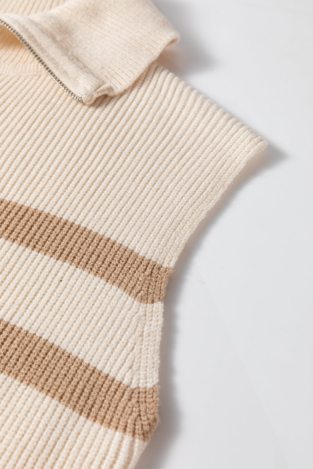 Khaki Stripe Ribbed Half Zip Collared Sweater Vest-TOPS / DRESSES-[Adult]-[Female]-2022 Online Blue Zone Planet