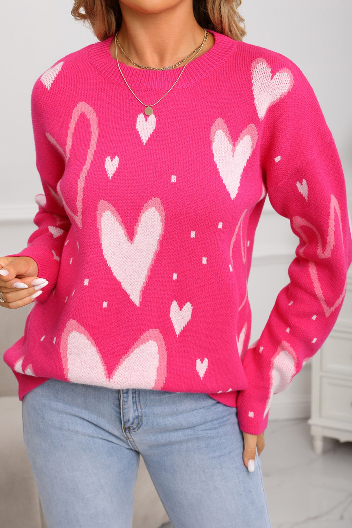 Rose Red Splendid Heart Print Valentines Day Sweater-TOPS / DRESSES-[Adult]-[Female]-2022 Online Blue Zone Planet