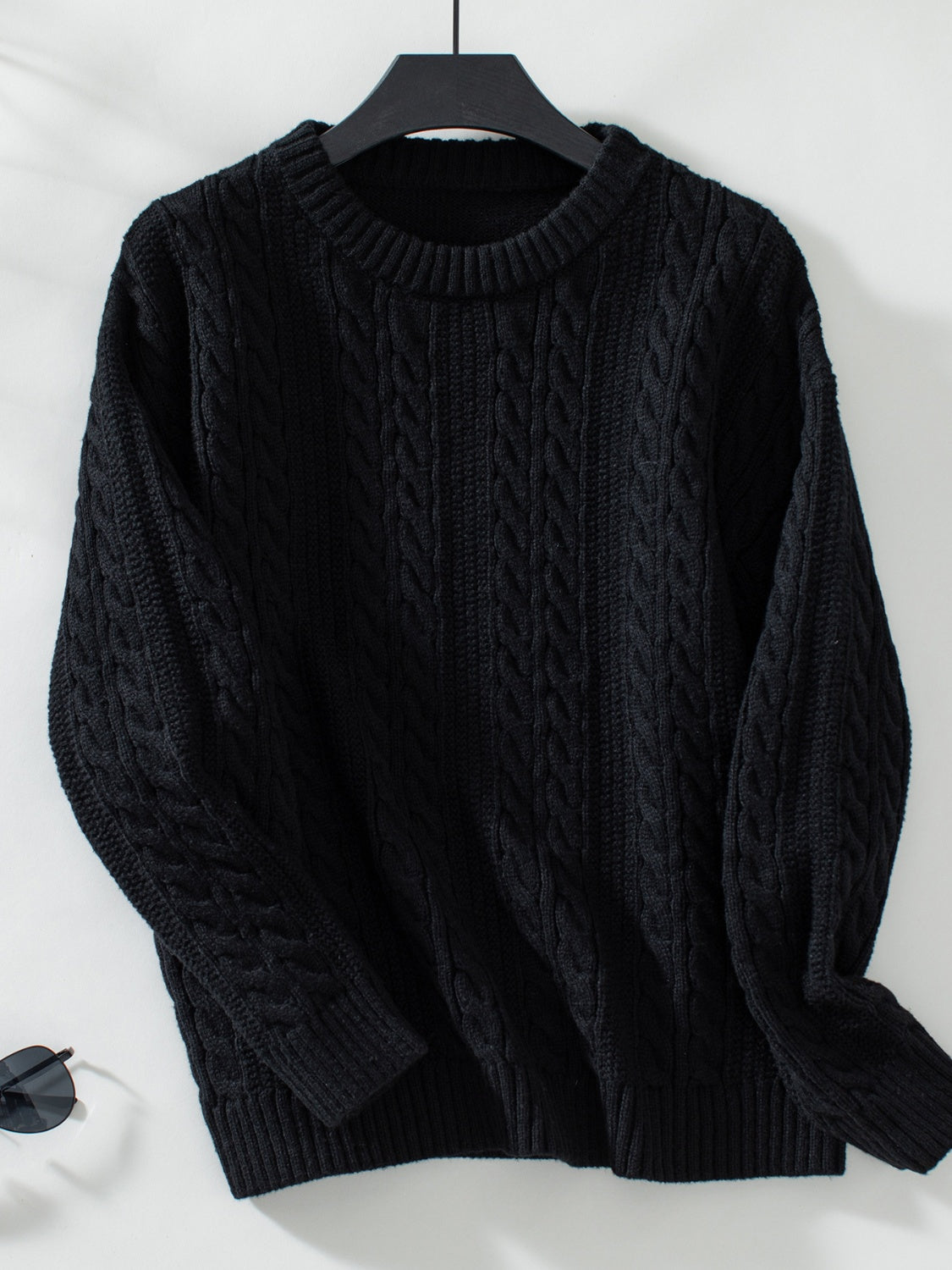 Cable-Knit Round Neck Long Sleeve Sweater-TOPS / DRESSES-[Adult]-[Female]-Black-S-2022 Online Blue Zone Planet