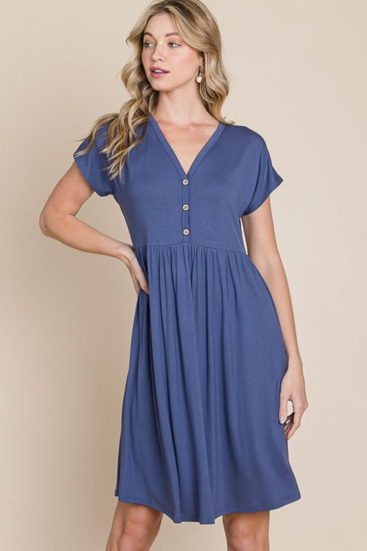 Blue Zone Planet | BOMBOM V-Neck Short Sleeve Dress-TOPS / DRESSES-[Adult]-[Female]-Blue-S-2022 Online Blue Zone Planet