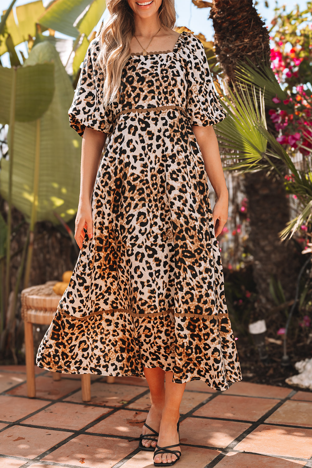 Blue Zone Planet | Brown Leopard Print Bubble Sleeve Square Neck Maxi Dress-TOPS / DRESSES-[Adult]-[Female]-2022 Online Blue Zone Planet