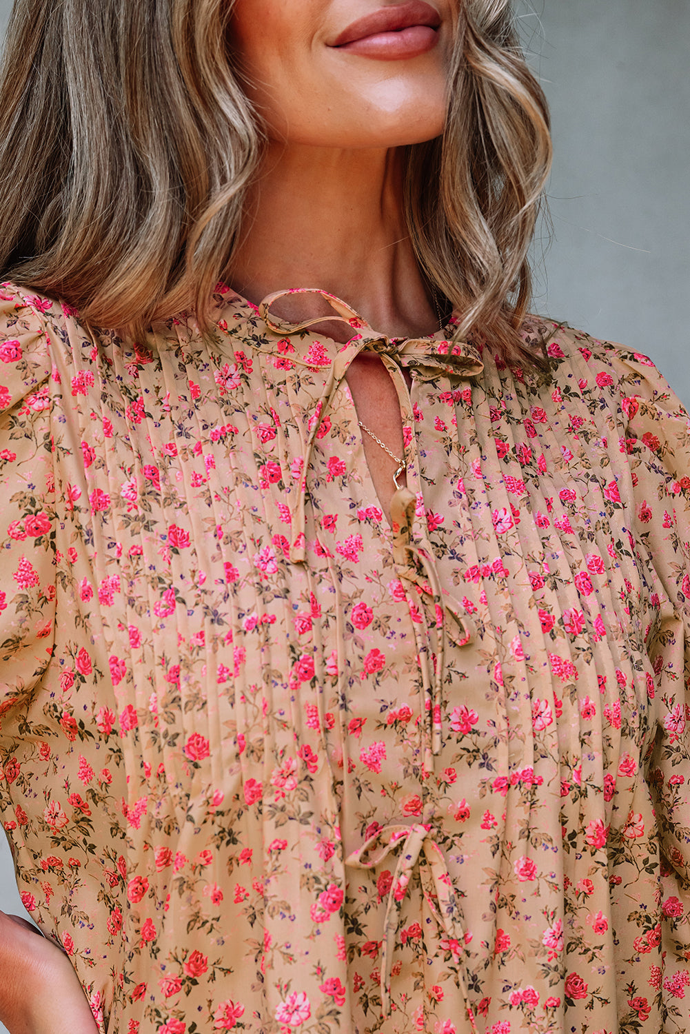 Light French Beige Floral Print Bow Pintuck Bust Half Puff Sleeve Blouse Top-Tops/Blouses & Shirts-[Adult]-[Female]-2022 Online Blue Zone Planet
