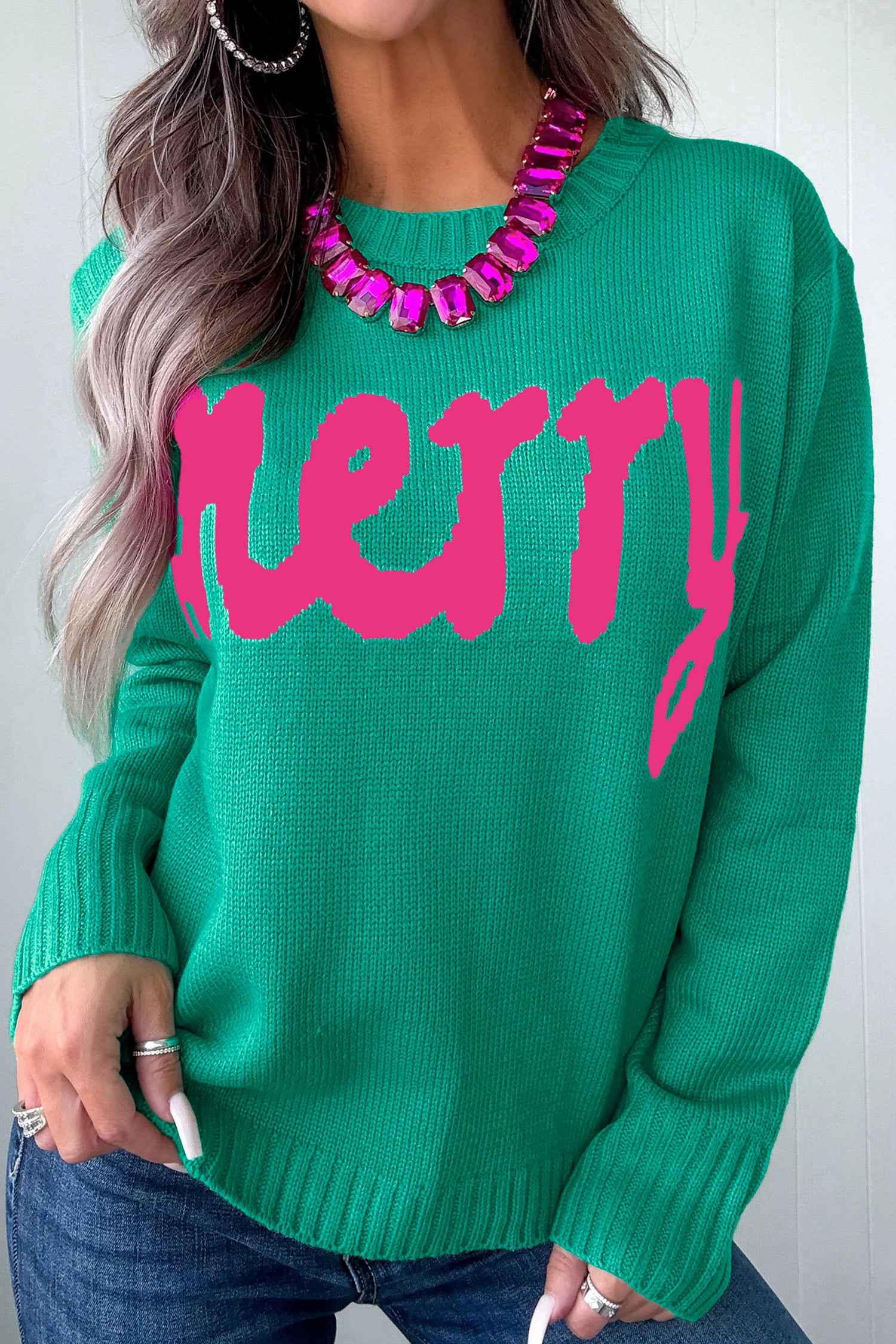 Bright Green Merry Print Ribbed Trim Round Neck Loose Fit Sweater-Sweaters & Cardigans/Sweaters-[Adult]-[Female]-Bright Green-S-2022 Online Blue Zone Planet