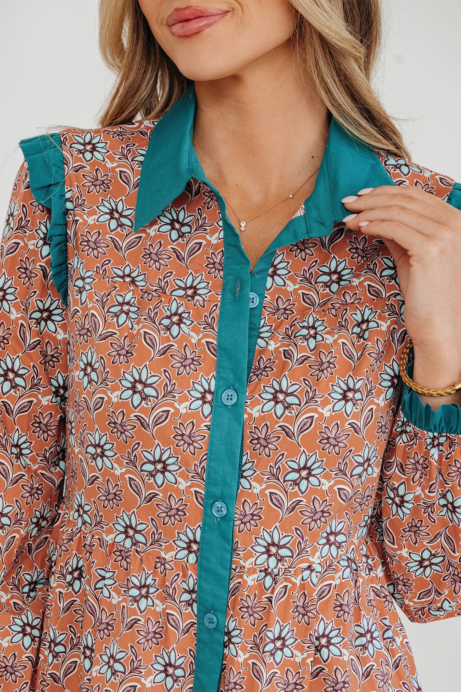 Orange Boho Floral Contrast Collared Shirt Mini Dress-TOPS / DRESSES-[Adult]-[Female]-2022 Online Blue Zone Planet