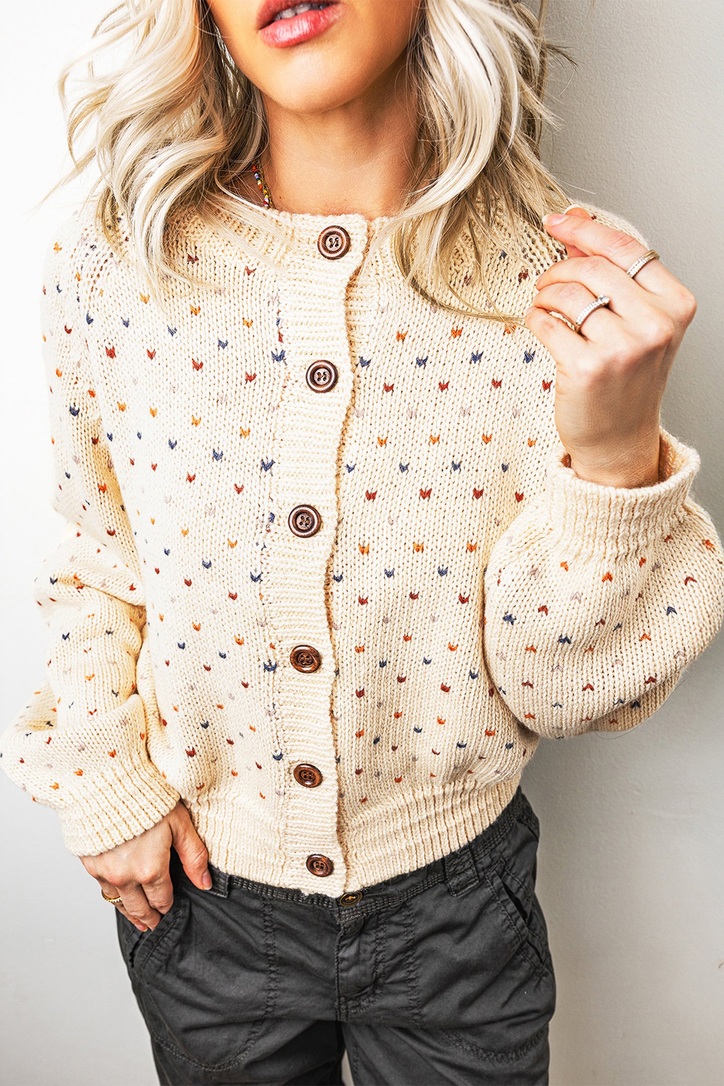 Beige Geometric Print Button Front Long Sleeve Regular Fit Cardigan-Sweaters & Cardigans/Cardigans-[Adult]-[Female]-2022 Online Blue Zone Planet