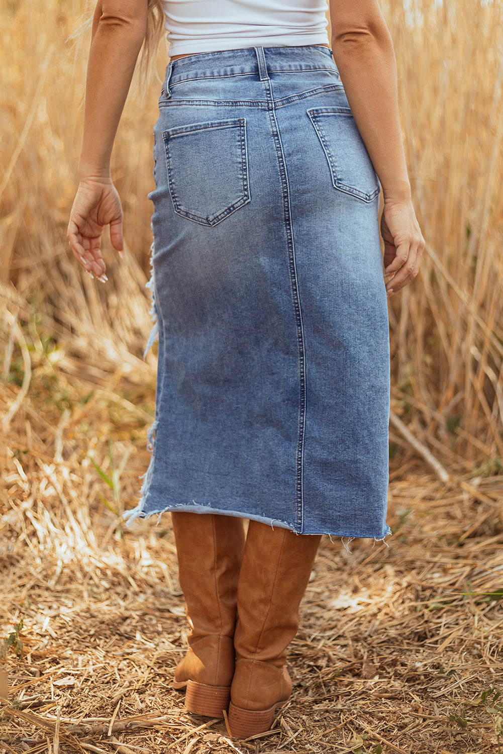 Myosotis Irregular Distressed Bottom Denim Midi Skirt-Bottoms/Skirts & Petticoat-[Adult]-[Female]-2022 Online Blue Zone Planet