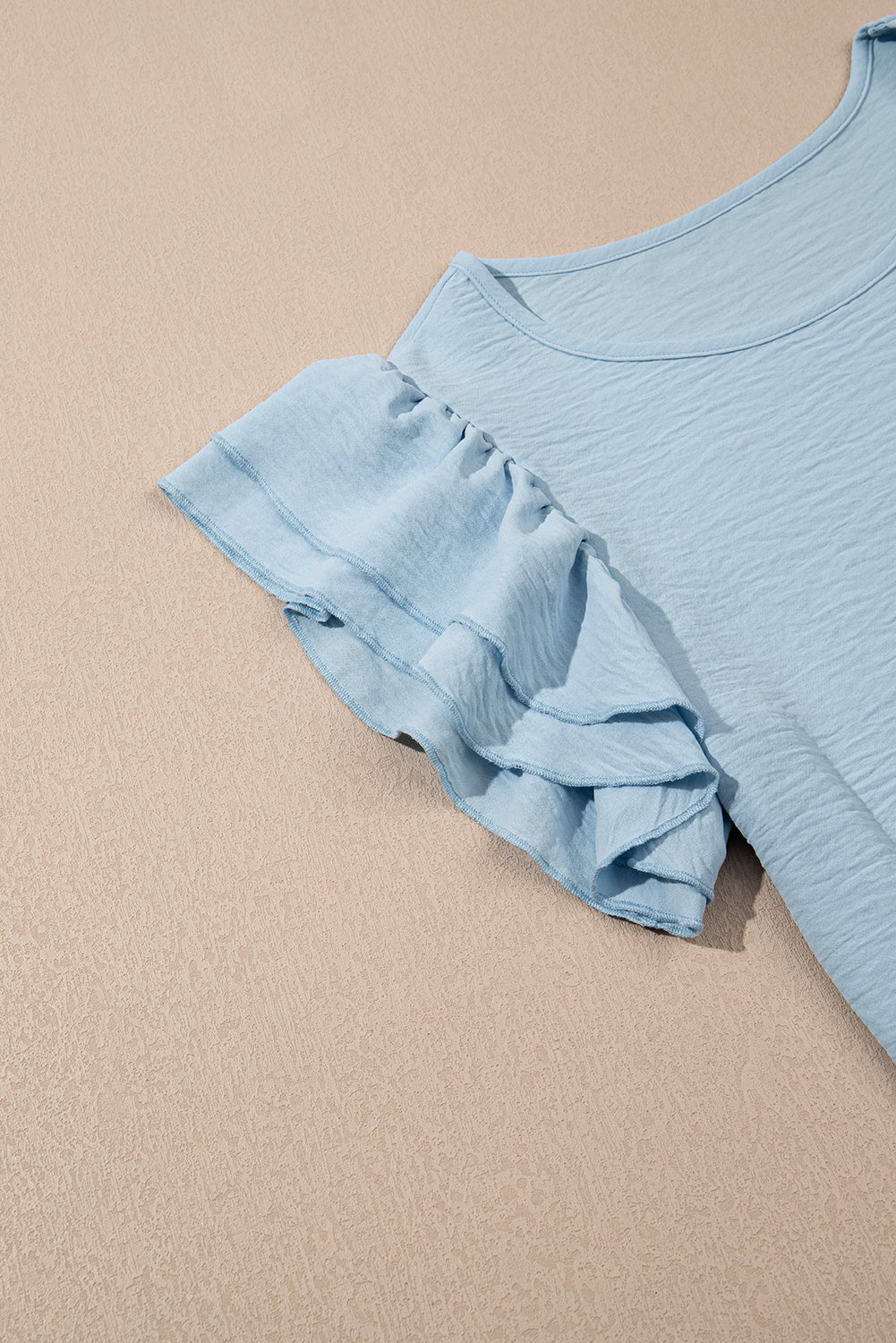 Mist Blue Solid Color Ruffled Short Sleeve Casual Blouse-Tops/Blouses & Shirts-[Adult]-[Female]-2022 Online Blue Zone Planet