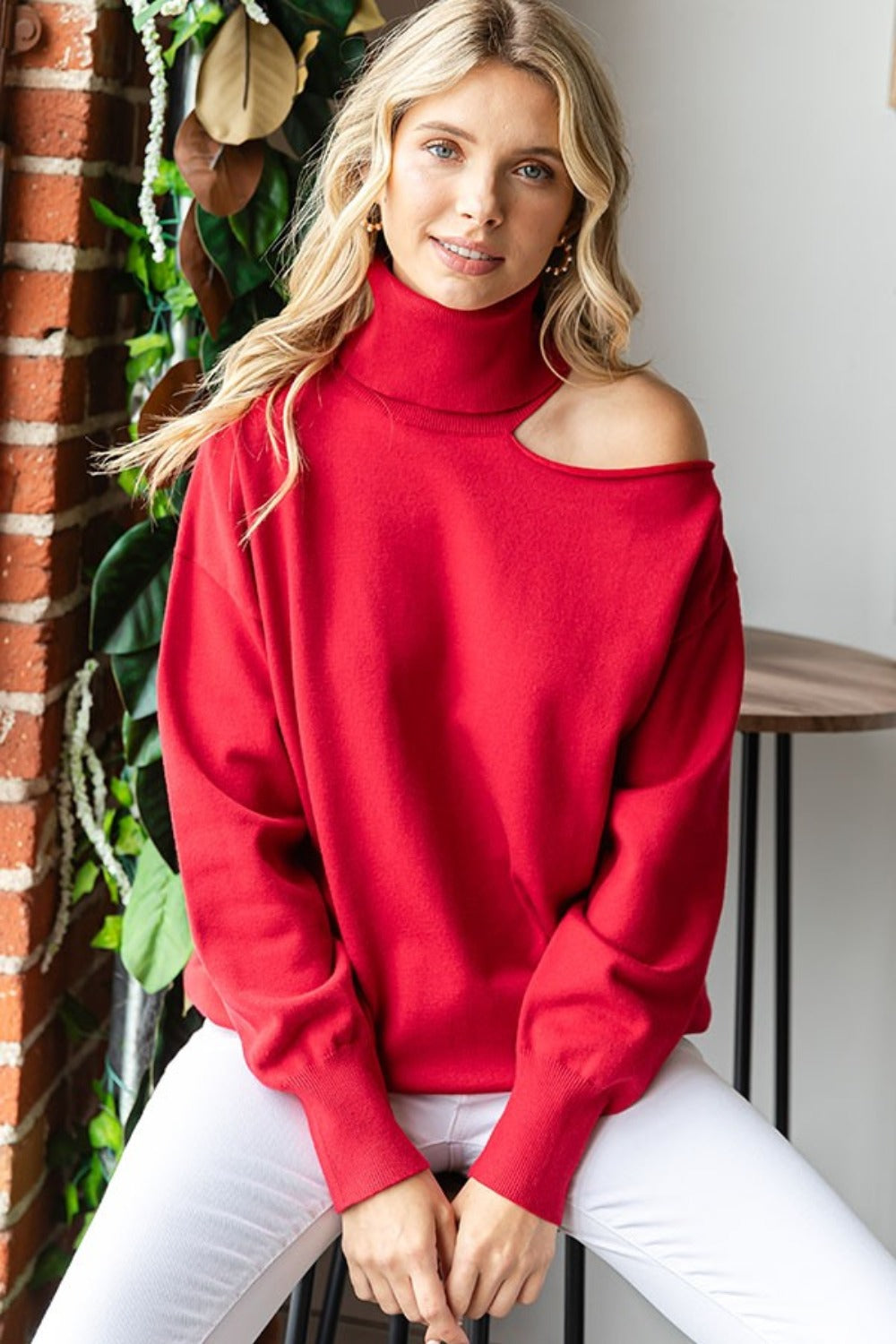 First Love Cut Out Shoulder Turtleneck Sweater-TOPS / DRESSES-[Adult]-[Female]-Red-S-2022 Online Blue Zone Planet