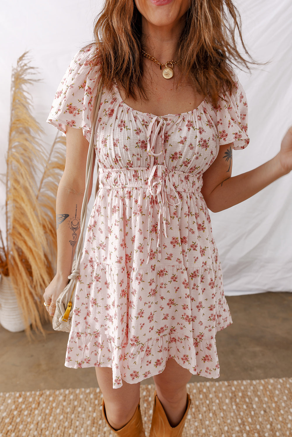 Pink Front Tie Shirred Waist Short Sleeve Ruffled Floral Mini Dress-TOPS / DRESSES-[Adult]-[Female]-2022 Online Blue Zone Planet