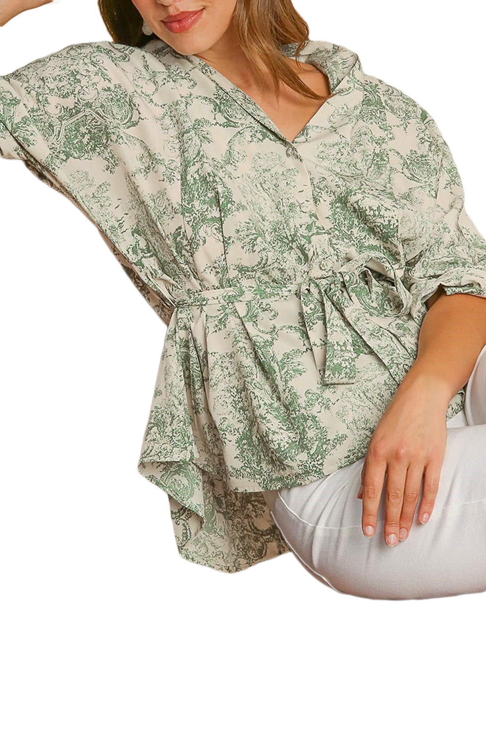 Green Landscape Print Tied 3/4 Sleeve Shirt with Sash-Tops/Blouses & Shirts-[Adult]-[Female]-2022 Online Blue Zone Planet