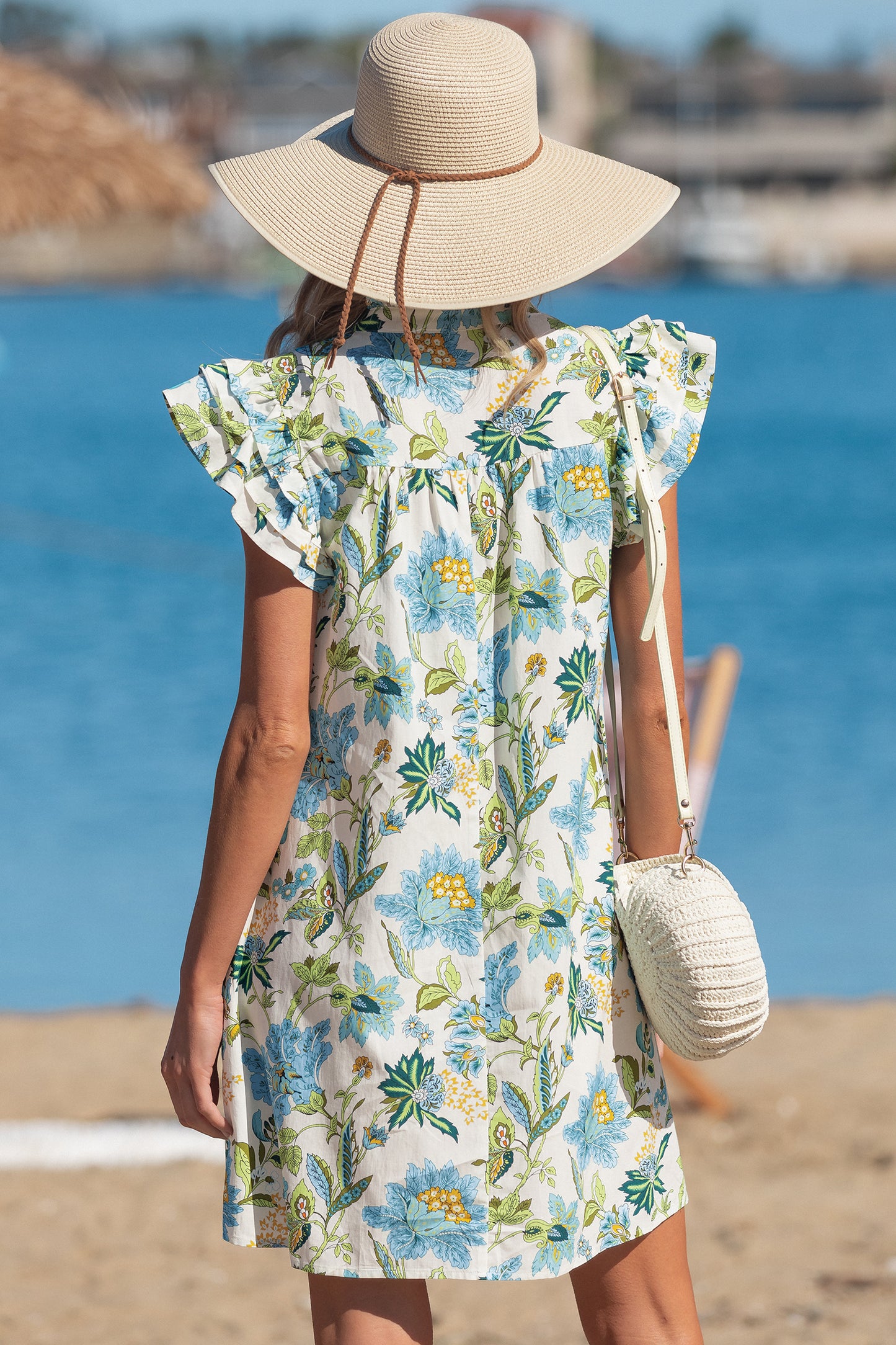 Beige Floral Print V Neck Triple Ruffle Short Sleeve Shift Mini Dress-TOPS / DRESSES-[Adult]-[Female]-2022 Online Blue Zone Planet