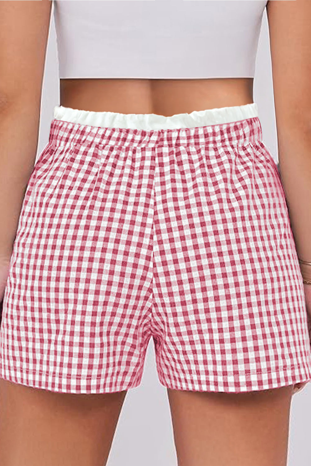 Pink Contrast Trim Plaid Print Plus Size Shorts-Plus Size/Plus Size Bottoms-[Adult]-[Female]-2022 Online Blue Zone Planet