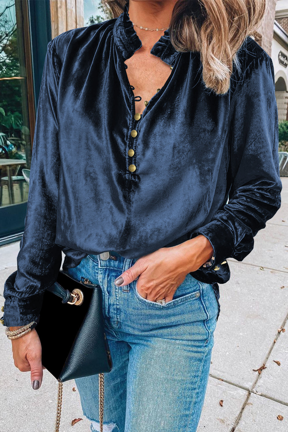 Burgundy Frilled Neck Buttoned Front Velvet Top-Tops/Blouses & Shirts-[Adult]-[Female]-Navy Blue-S-2022 Online Blue Zone Planet
