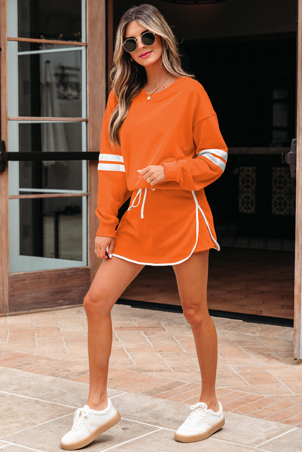 Orange Varsity Stripe Detail Drop Shoulder Pullover Mini Skirt Set-Two Piece Sets/Two Piece Dresses-[Adult]-[Female]-2022 Online Blue Zone Planet