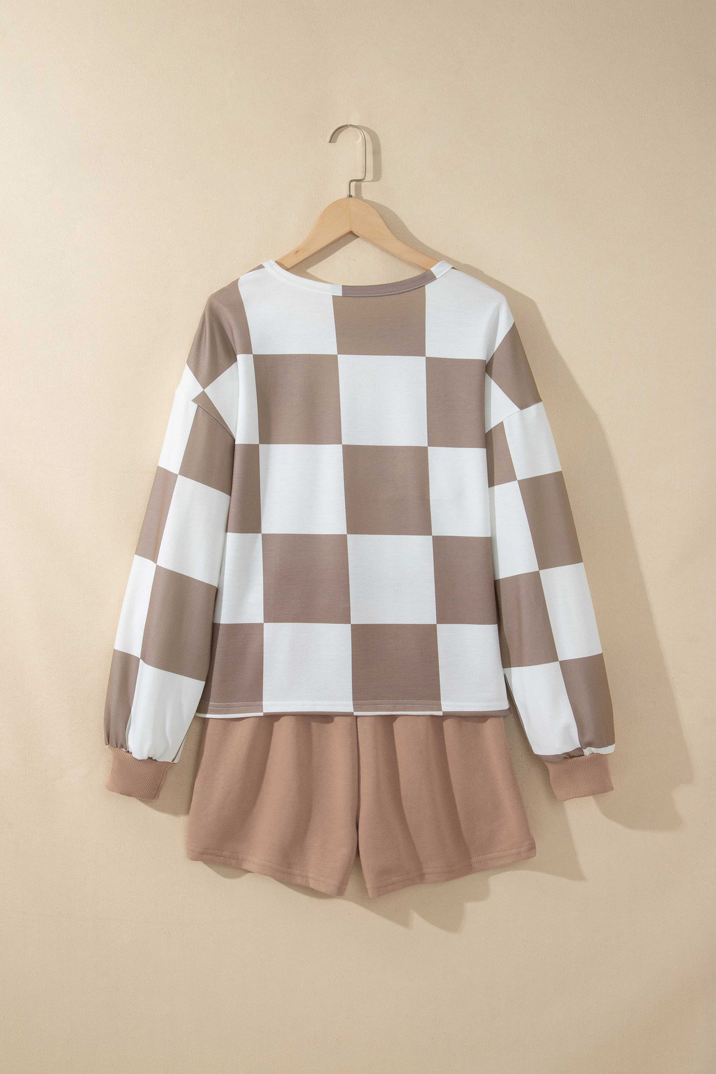 Khaki Checkerboard Plaid Long Sleeve Solid Color Shorts 2pcs Set-Two Piece Sets/Short Sets-[Adult]-[Female]-2022 Online Blue Zone Planet