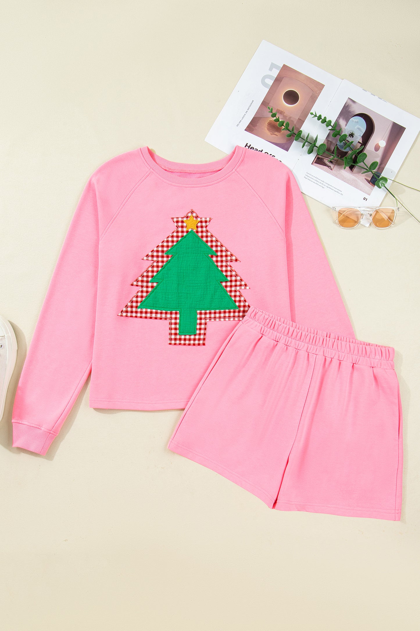 Sachet Pink Plaid Contrasted Double Christmas Tree Patched Raglan Sleeve Pullover 2pcs Short Set-Two Piece Sets/Short Sets-[Adult]-[Female]-2022 Online Blue Zone Planet
