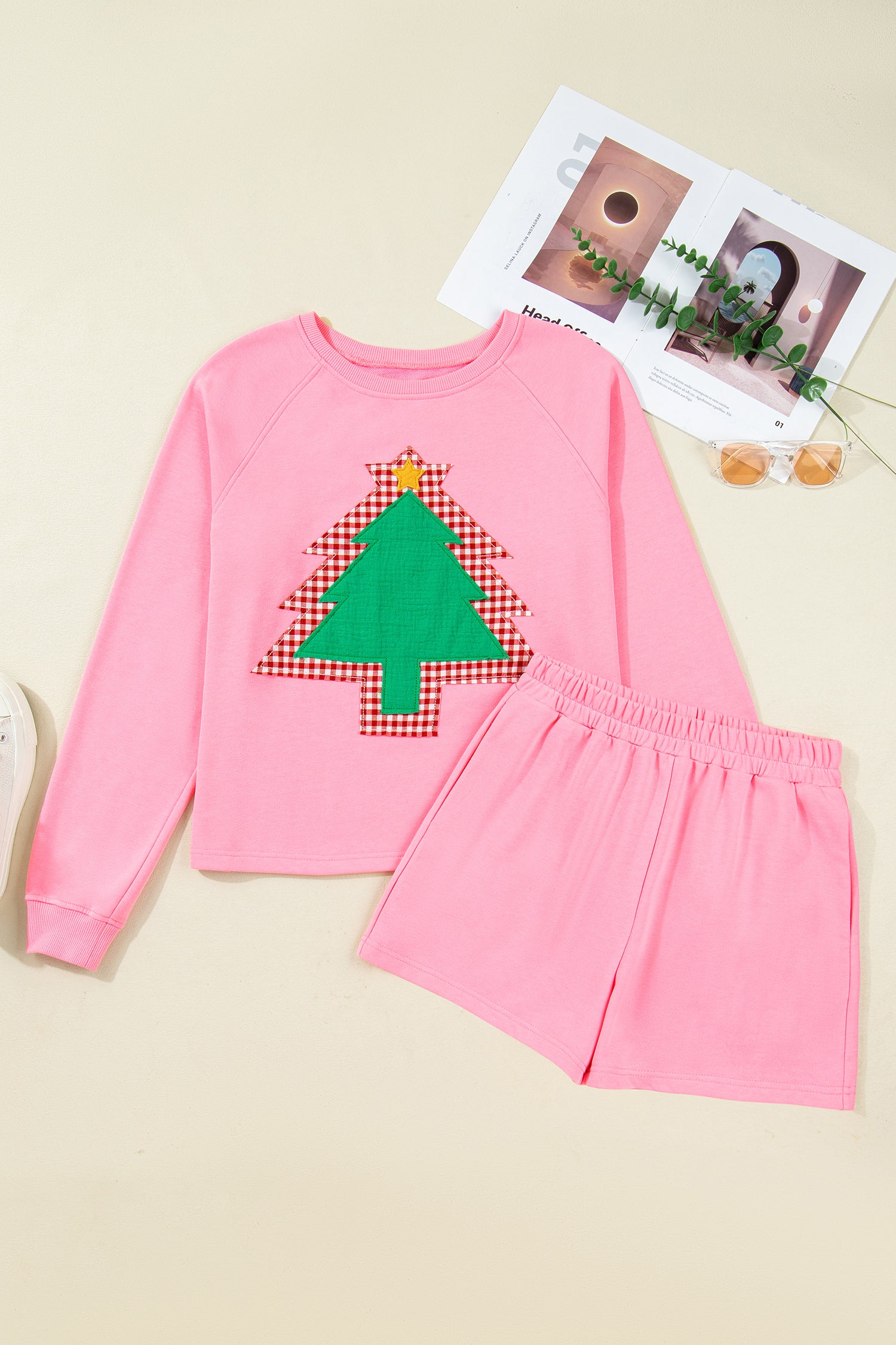 Sachet Pink Plaid Contrasted Double Christmas Tree Patched Raglan Sleeve Pullover 2pcs Short Set-Two Piece Sets/Short Sets-[Adult]-[Female]-2022 Online Blue Zone Planet