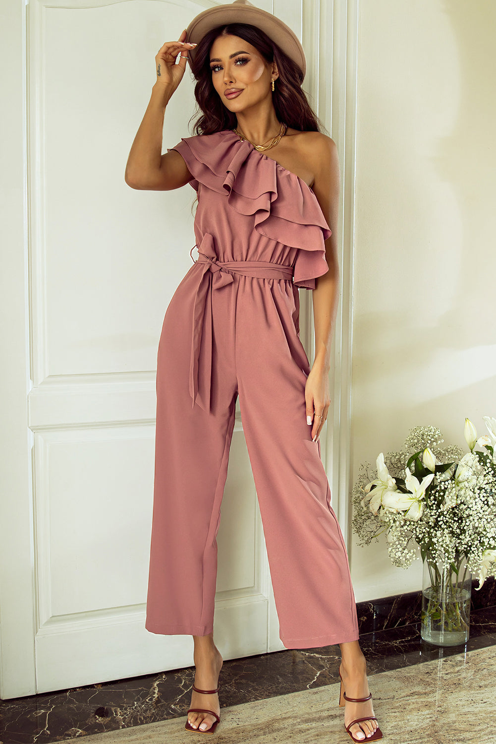 Ruffled Tied One-Shoulder Jumpsuit-TOPS / DRESSES-[Adult]-[Female]-2022 Online Blue Zone Planet