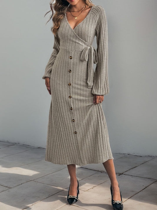 Perfee Ribbed Tied Surplice Long Sleeve Dress-TOPS / DRESSES-[Adult]-[Female]-Gray-S-2022 Online Blue Zone Planet