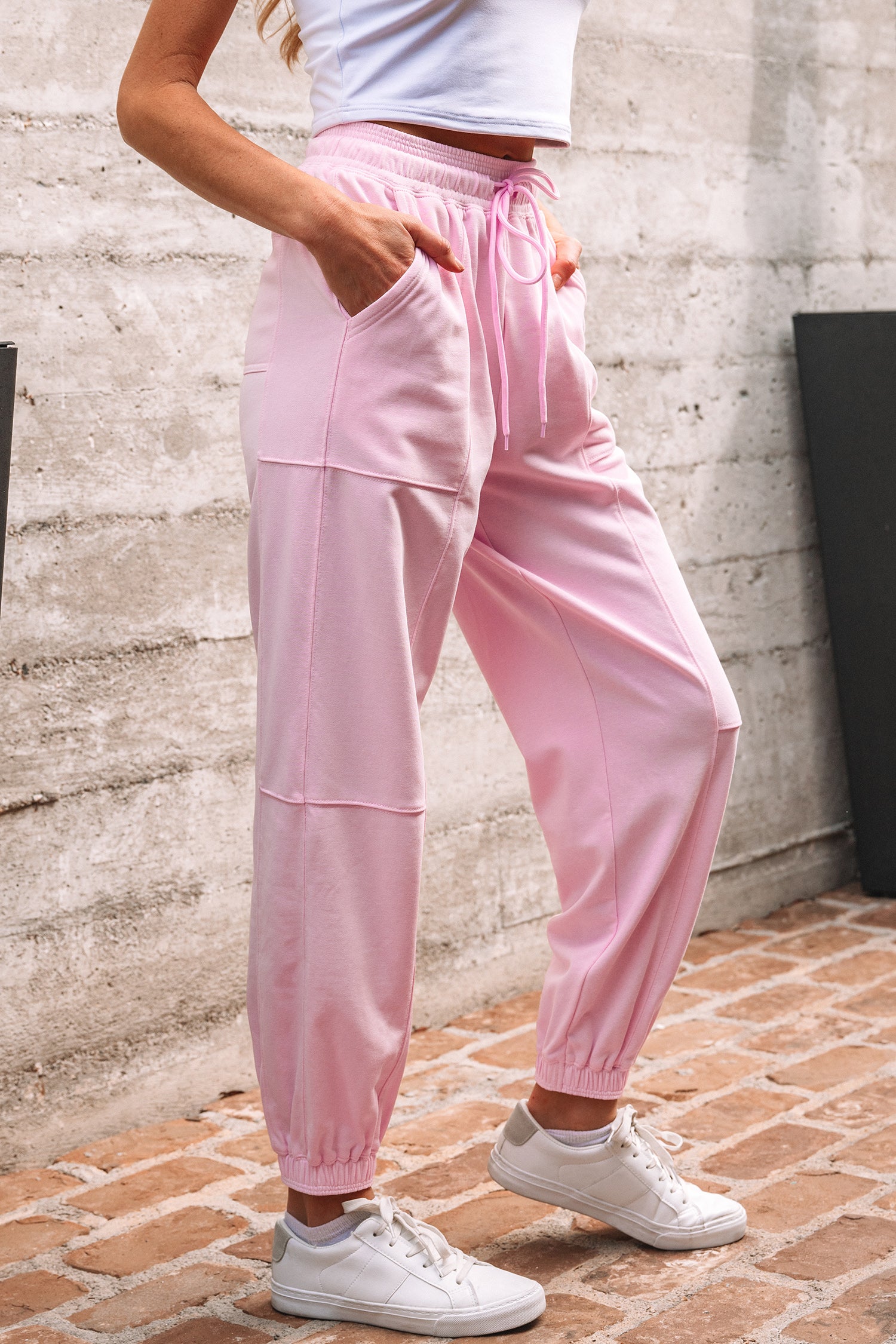Light Pink Drawstring Waist Patchwork Solid Color Jogger Pants-Bottoms/Pants & Culotte-[Adult]-[Female]-2022 Online Blue Zone Planet