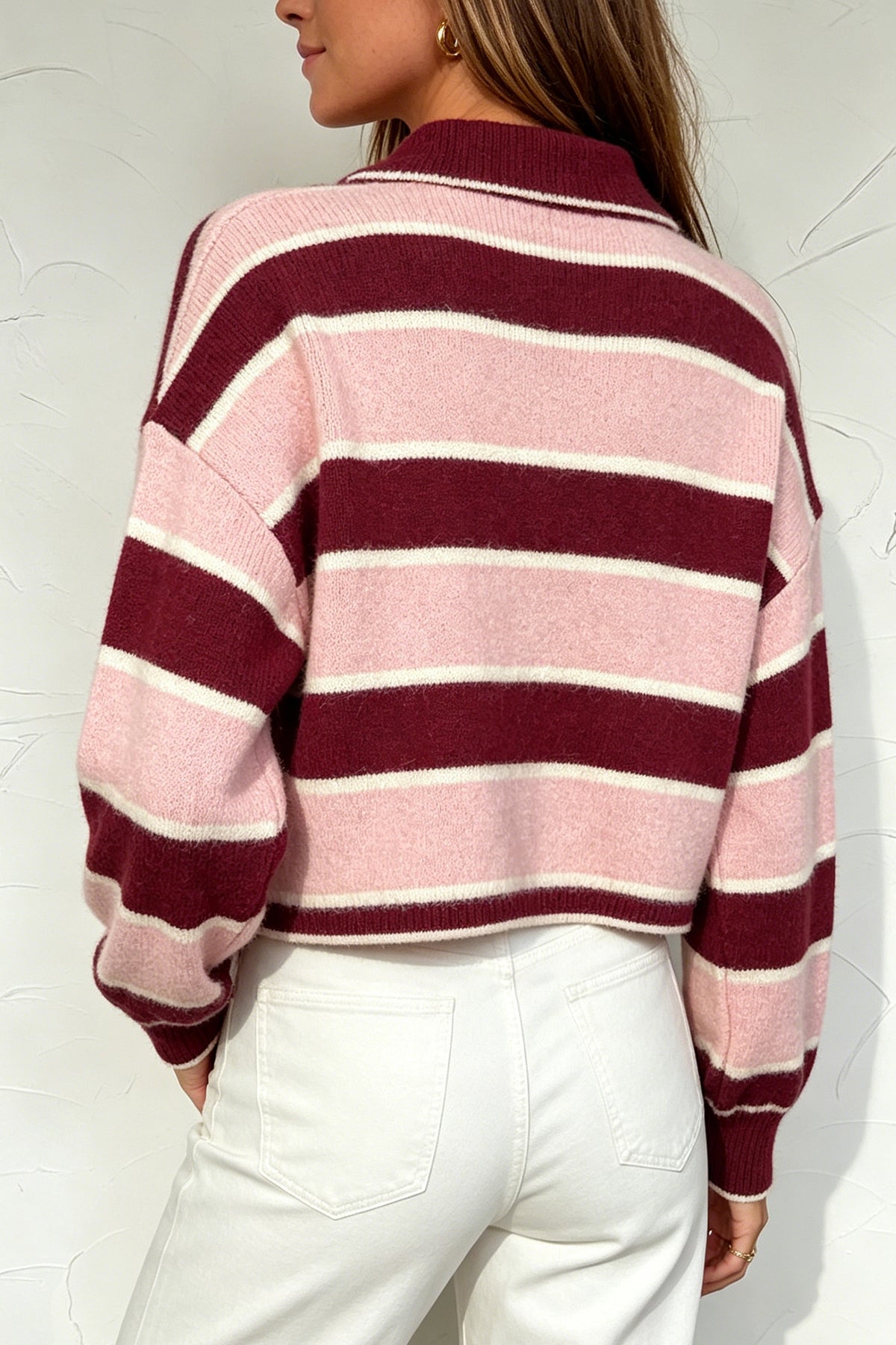 Pink Striped Polo Collar Long Sleeve Ribbed Cuff Casual Knit Sweater-Sweaters & Cardigans/Sweaters-[Adult]-[Female]-2022 Online Blue Zone Planet