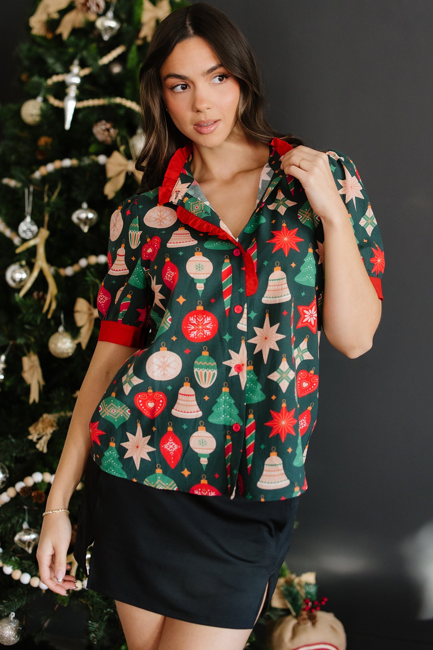 Green Christmas Fashion Print Contrast Trim Frilled Neck Short Sleeve Blouse-Tops/Blouses & Shirts-[Adult]-[Female]-2022 Online Blue Zone Planet