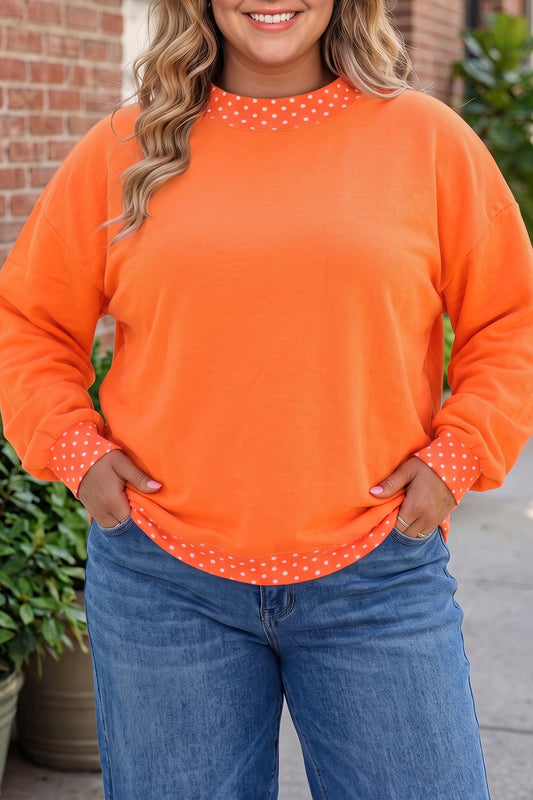 Orange Polka Dot Patchwork Round Neck Plus Size Sweatshirt-Plus Size/Plus Size Sweatshirts & Hoodies-[Adult]-[Female]-Orange-1X-2022 Online Blue Zone Planet