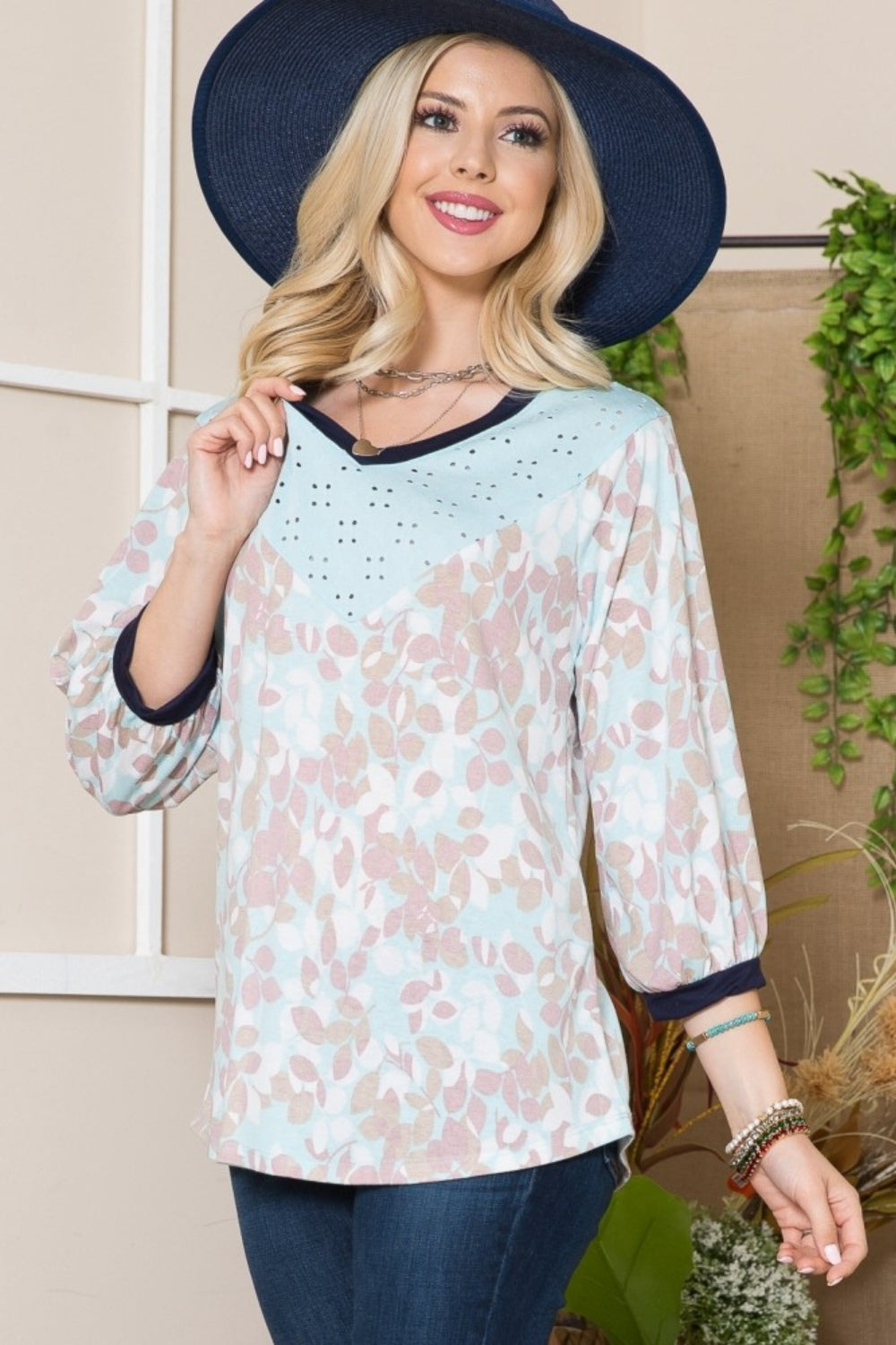 Celeste Full Size Leaf Print Contrast Trim Balloon Sleeve Top-TOPS / DRESSES-[Adult]-[Female]-2022 Online Blue Zone Planet