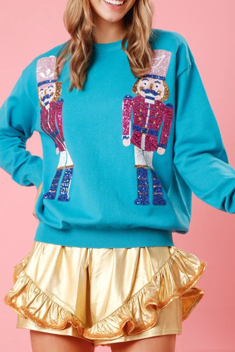 Pink Nutcracker Christmas Crew Neck Sweatshirt-Tops/Sweatshirts & Hoodies-[Adult]-[Female]-Blue-S-2022 Online Blue Zone Planet