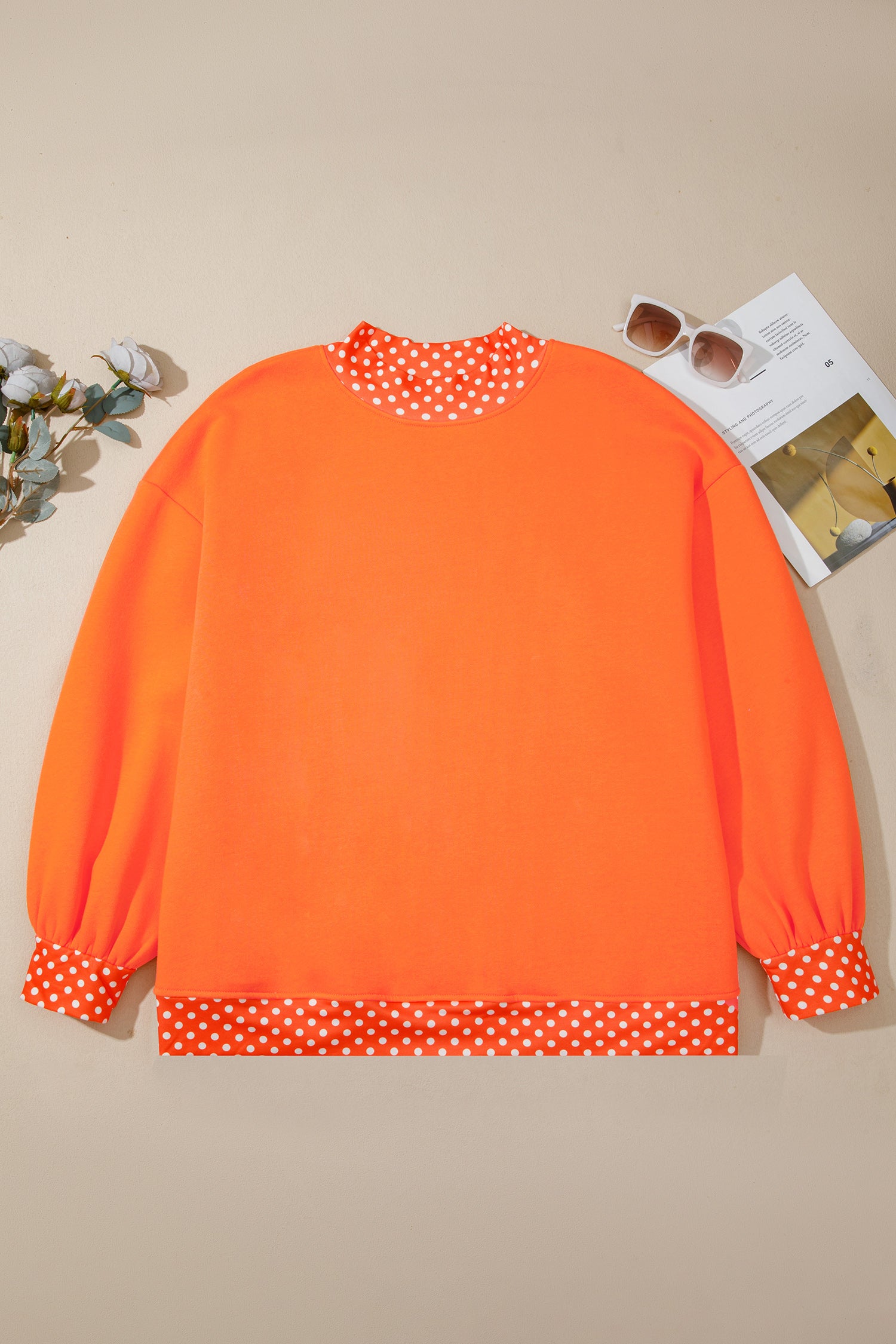Orange Polka Dot Patchwork Round Neck Plus Size Sweatshirt-Plus Size/Plus Size Sweatshirts & Hoodies-[Adult]-[Female]-2022 Online Blue Zone Planet