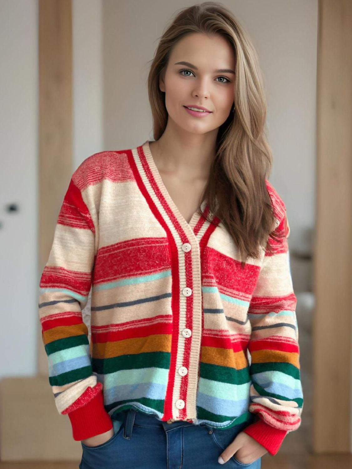 Striped Button Down V-Neck Long Sleeve Cardigan-TOPS / DRESSES-[Adult]-[Female]-Multicolor-One Size-2022 Online Blue Zone Planet