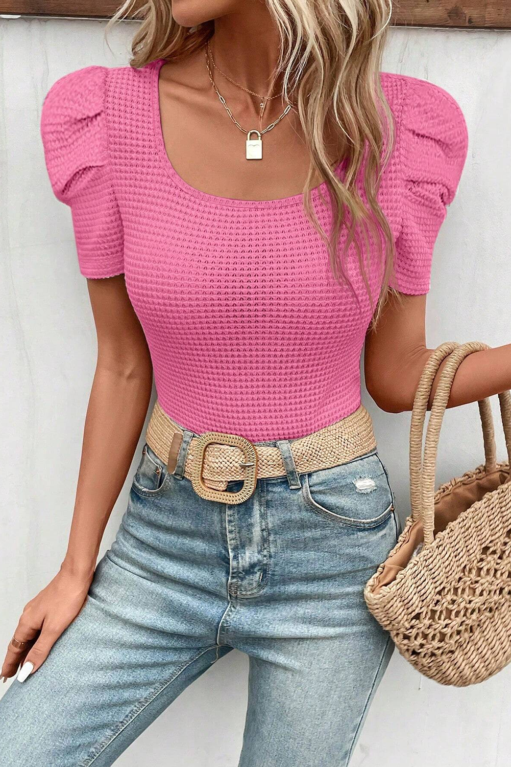 Bright Pink Waffle Knit Ruched Puff Sleeve Top-Sale (50% OFF)/30% OFF-[Adult]-[Female]-Bright Pink-S-2022 Online Blue Zone Planet