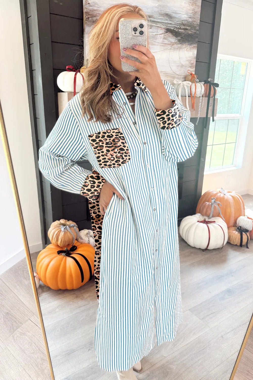 Sky Blue Stripe Contrast Leopard Patchwork Long Shirt Dress with Slits-TOPS / DRESSES-[Adult]-[Female]-2022 Online Blue Zone Planet