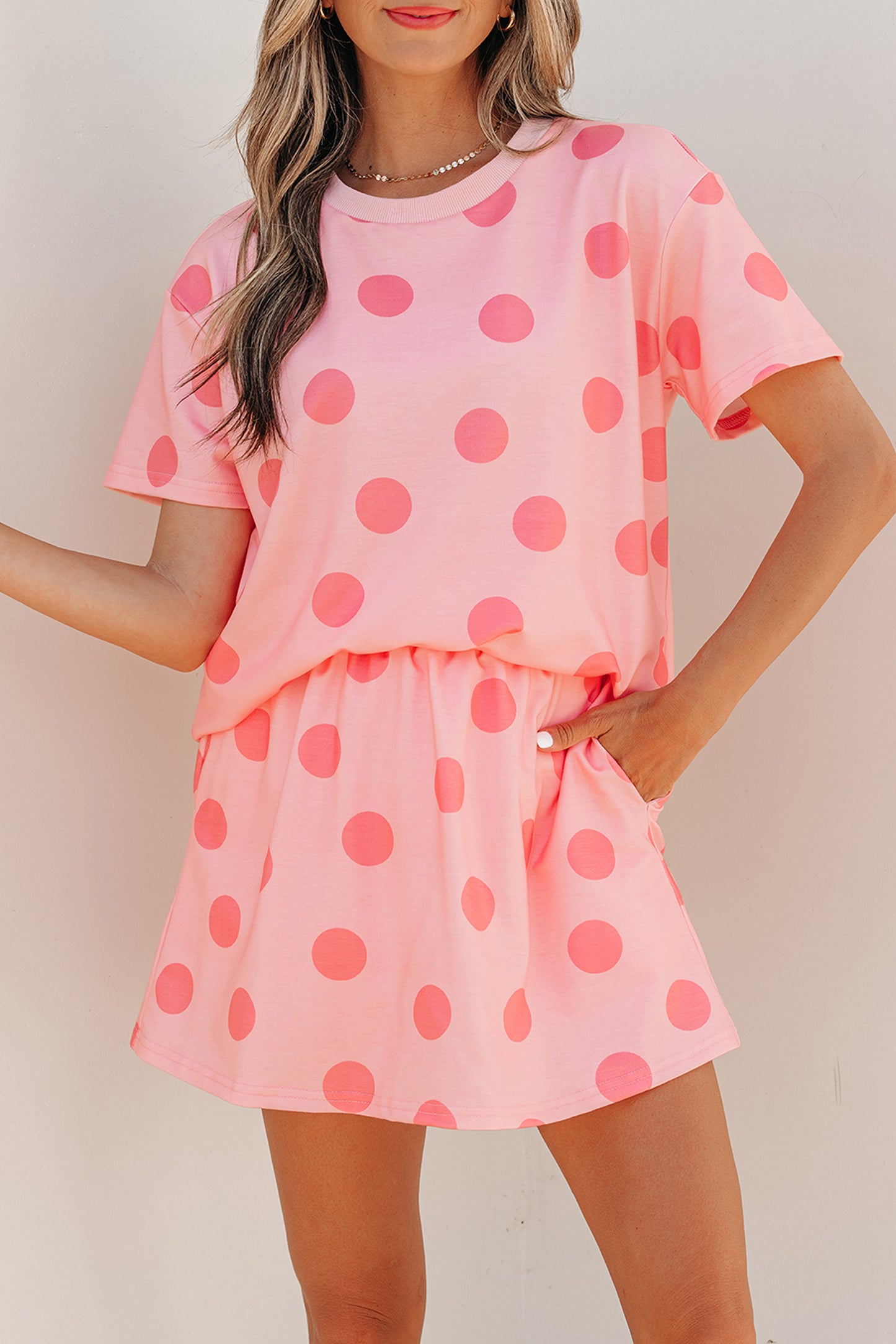 White Polka Dot Short Sleeve Top Casual Skort 2pcs Outfit-Two Piece Sets/Two Piece Dresses-[Adult]-[Female]-2022 Online Blue Zone Planet