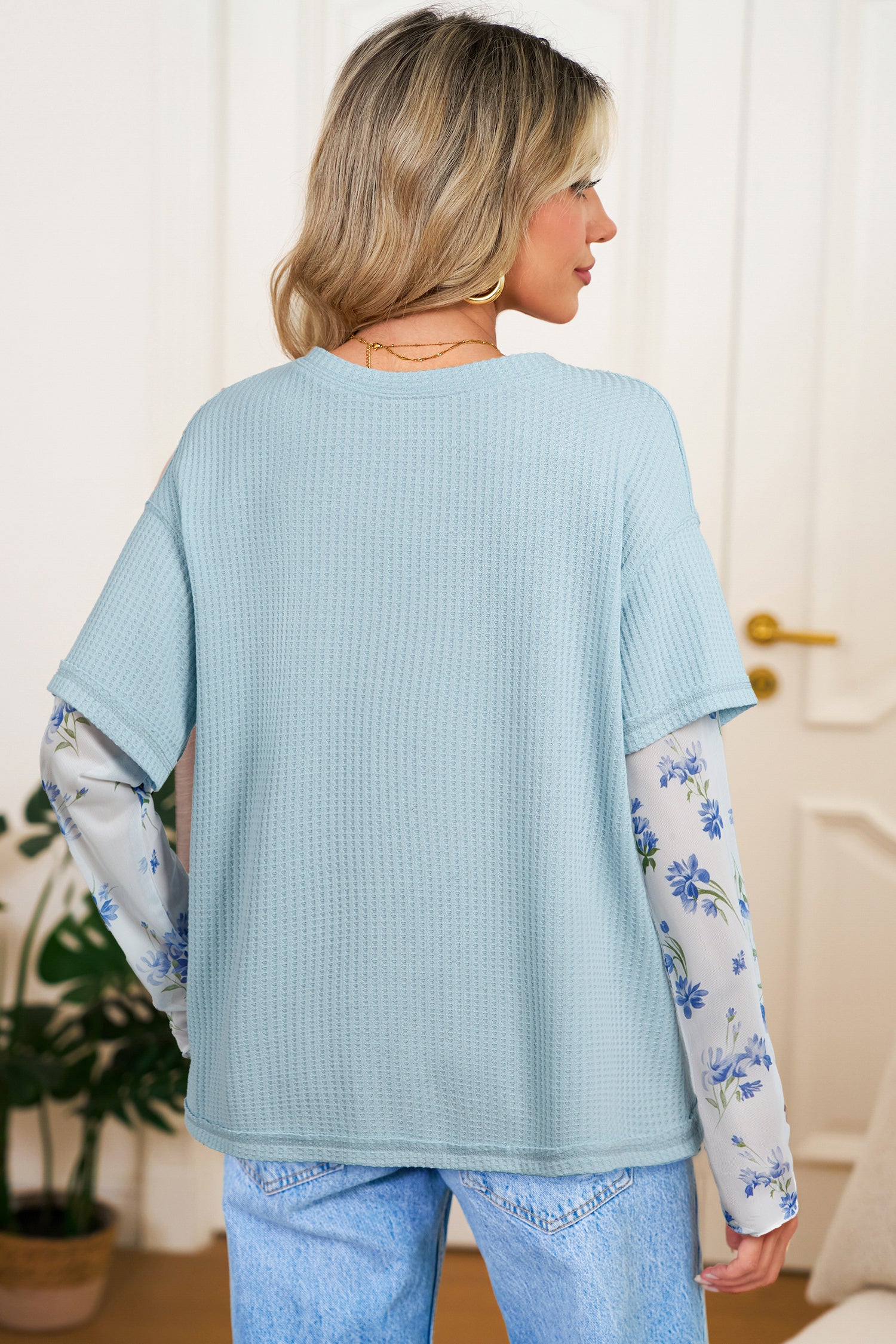 Beau Blue Floral Lace Sleeve Patchwork Waffle Fake Two-Piece Top-Tops/Long Sleeve Tops-[Adult]-[Female]-2022 Online Blue Zone Planet