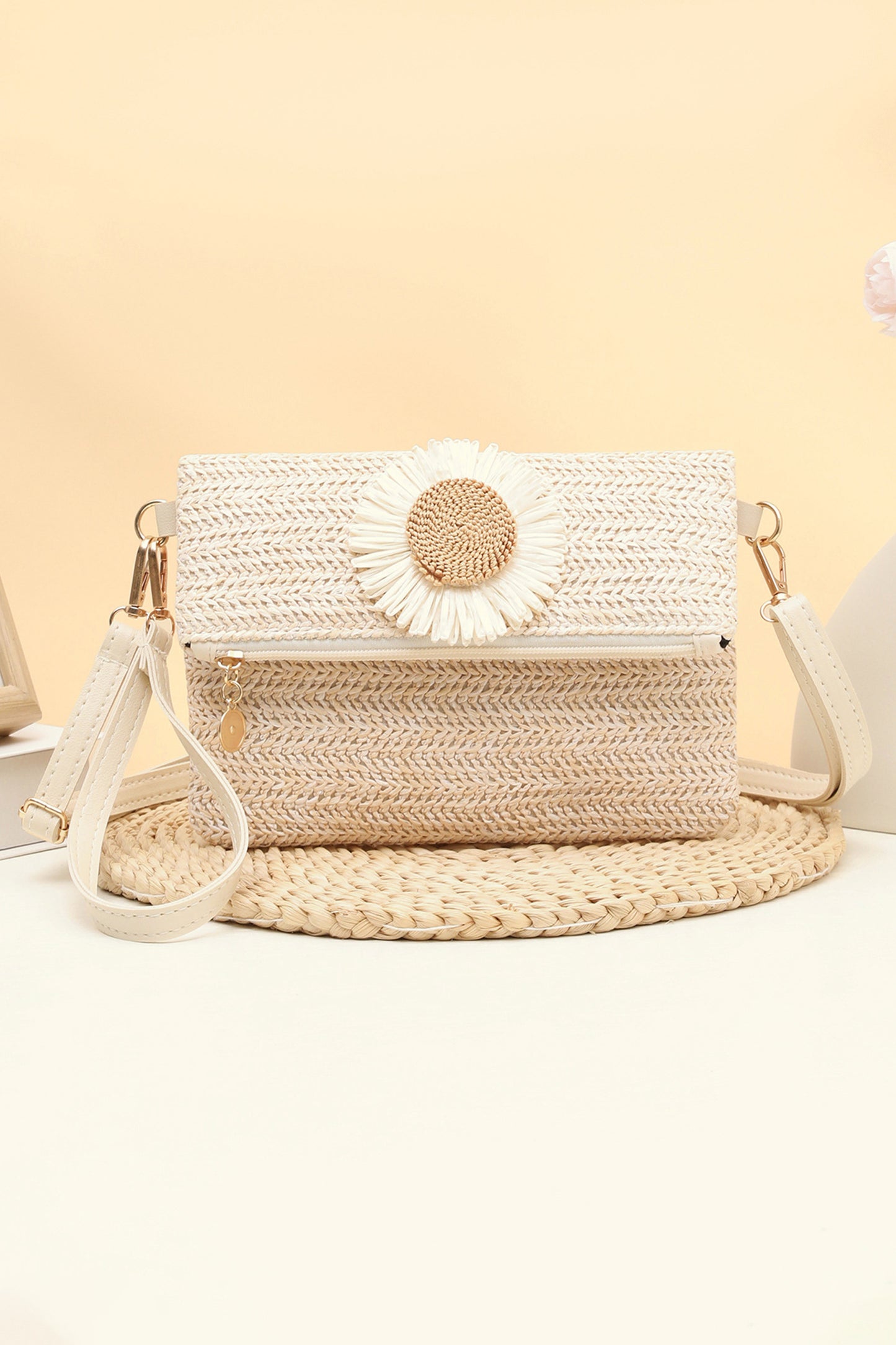 Pink Striped Straw Woven Zip Folded Magnetic Button Shoulder Bag-Shoes & Bags/Shoulder Bags-[Adult]-[Female]-White-ONE SIZE-2022 Online Blue Zone Planet