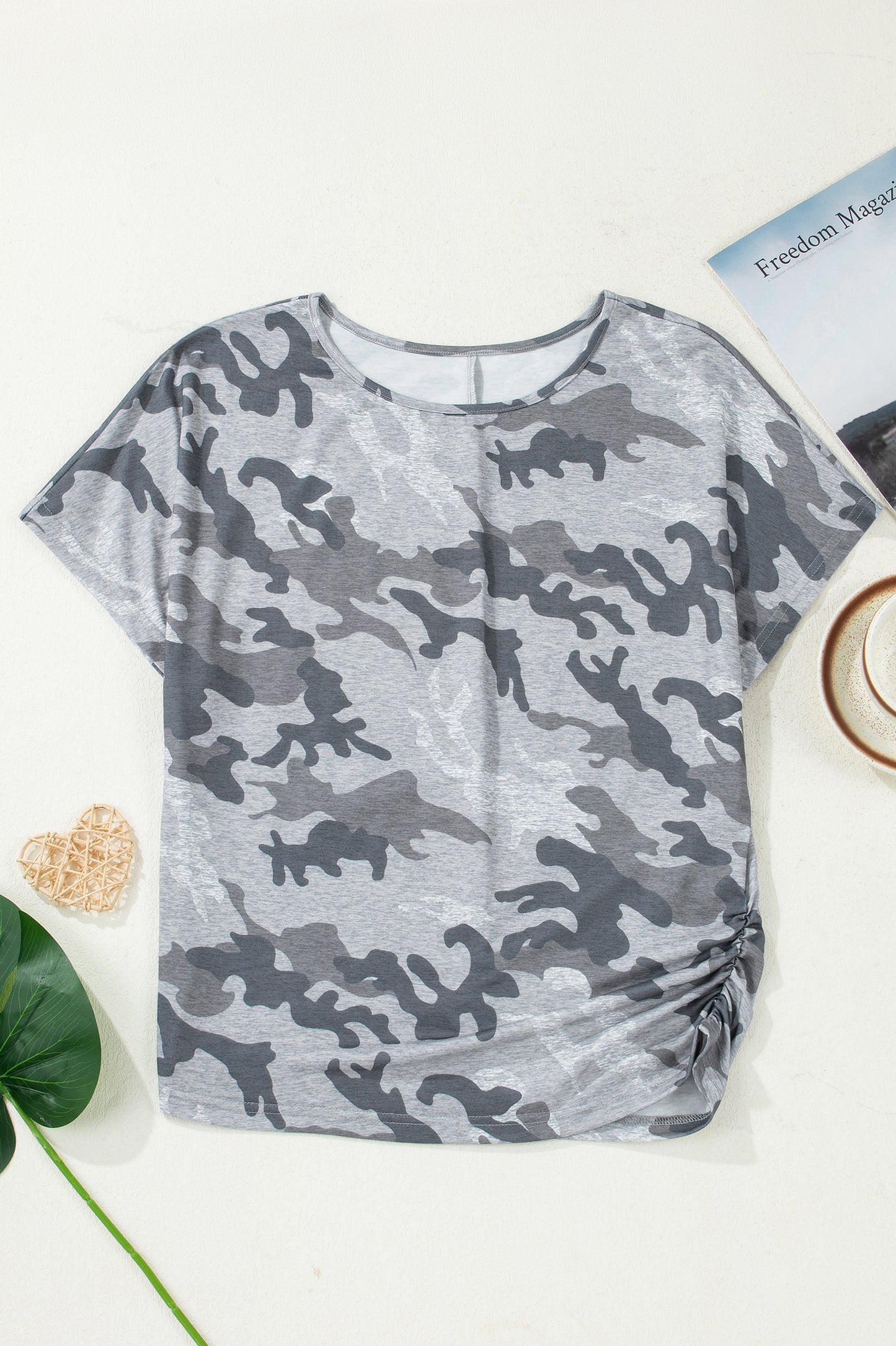 Gray Camouflage Print Round Neck T Shirt-Tops/Tops & Tees-[Adult]-[Female]-2022 Online Blue Zone Planet