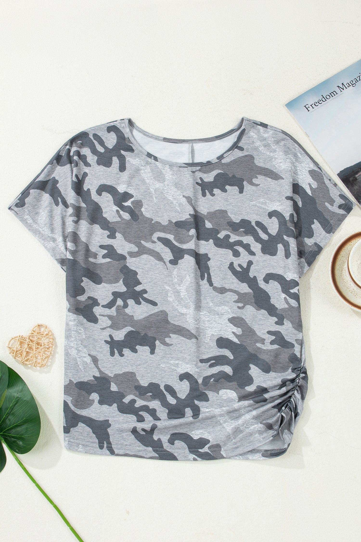 Gray Camouflage Print Round Neck T Shirt-Tops/Tops & Tees-[Adult]-[Female]-2022 Online Blue Zone Planet