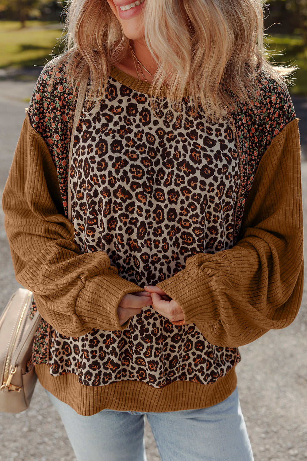 Brown Leopard Floral Print Ribbed Puff Sleeve Patchwork Loose Pullover-Tops/Long Sleeve Tops-[Adult]-[Female]-2022 Online Blue Zone Planet