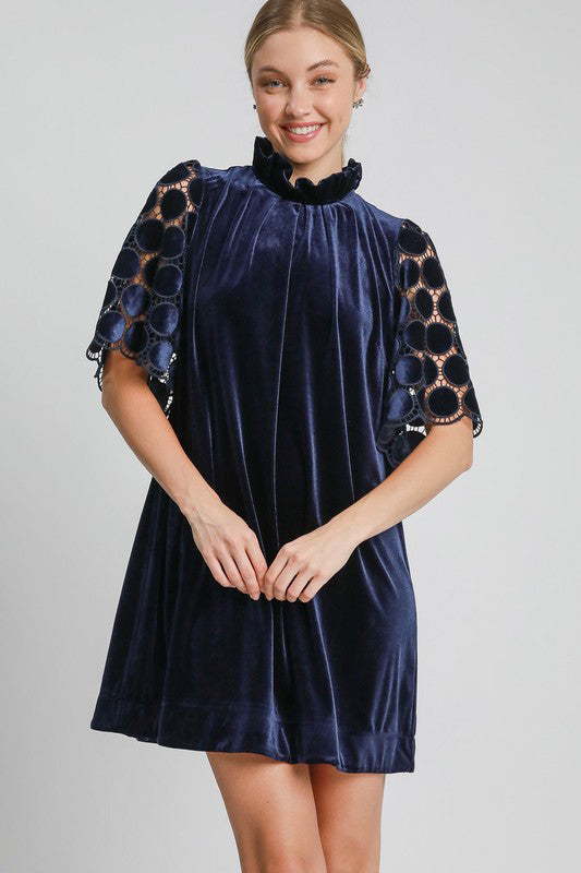 Blue Zone Planet | Umgee Dotted Lace Half Sleeve Mock Neck Back Tie Velvet Dress-TOPS / DRESSES-[Adult]-[Female]-Navy-S-2022 Online Blue Zone Planet