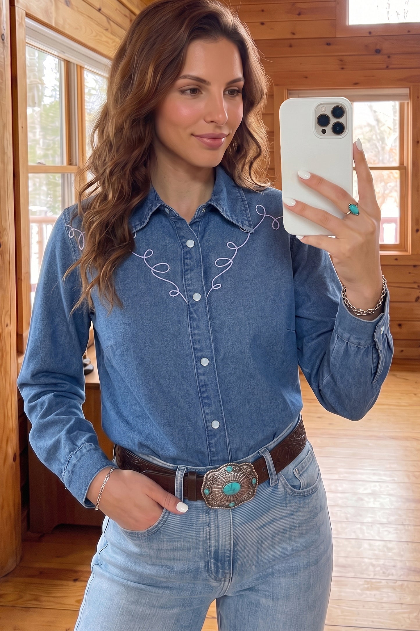 Dusk Blue Western Embroidered Collar Long Sleeve Denim Shirt