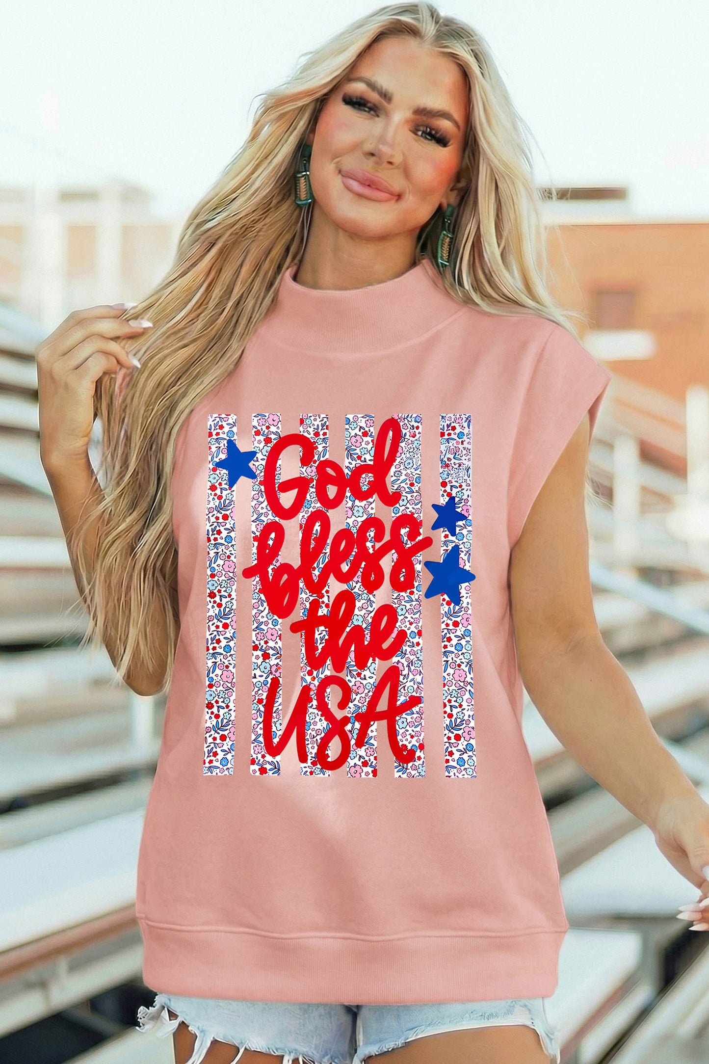 Pink God Bless The Usa Floral American Flag Print High Neck Short Sleeve Top