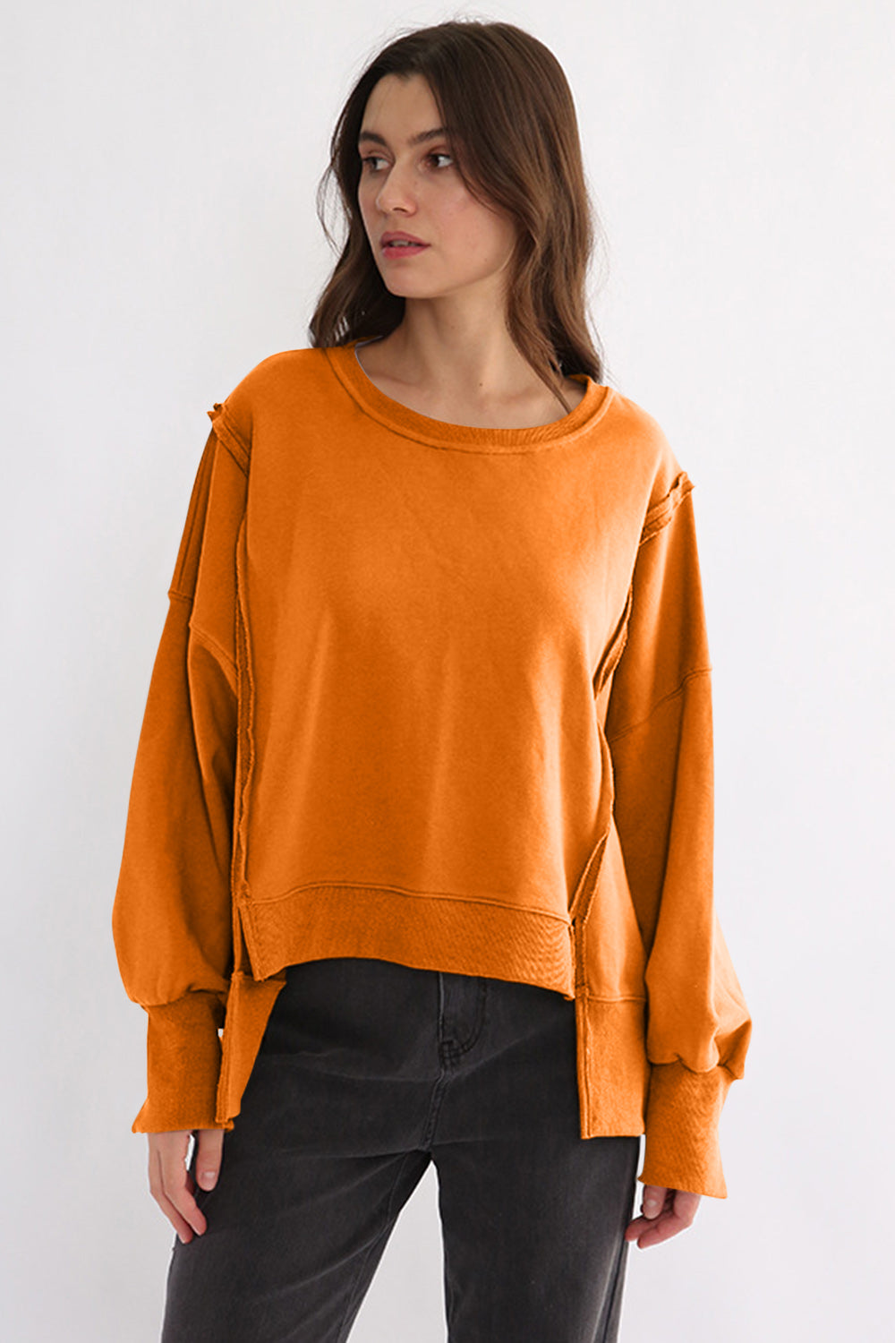 Exposed Seam High-Low Long Sleeve Sweatshirt-TOPS / DRESSES-[Adult]-[Female]-2022 Online Blue Zone Planet