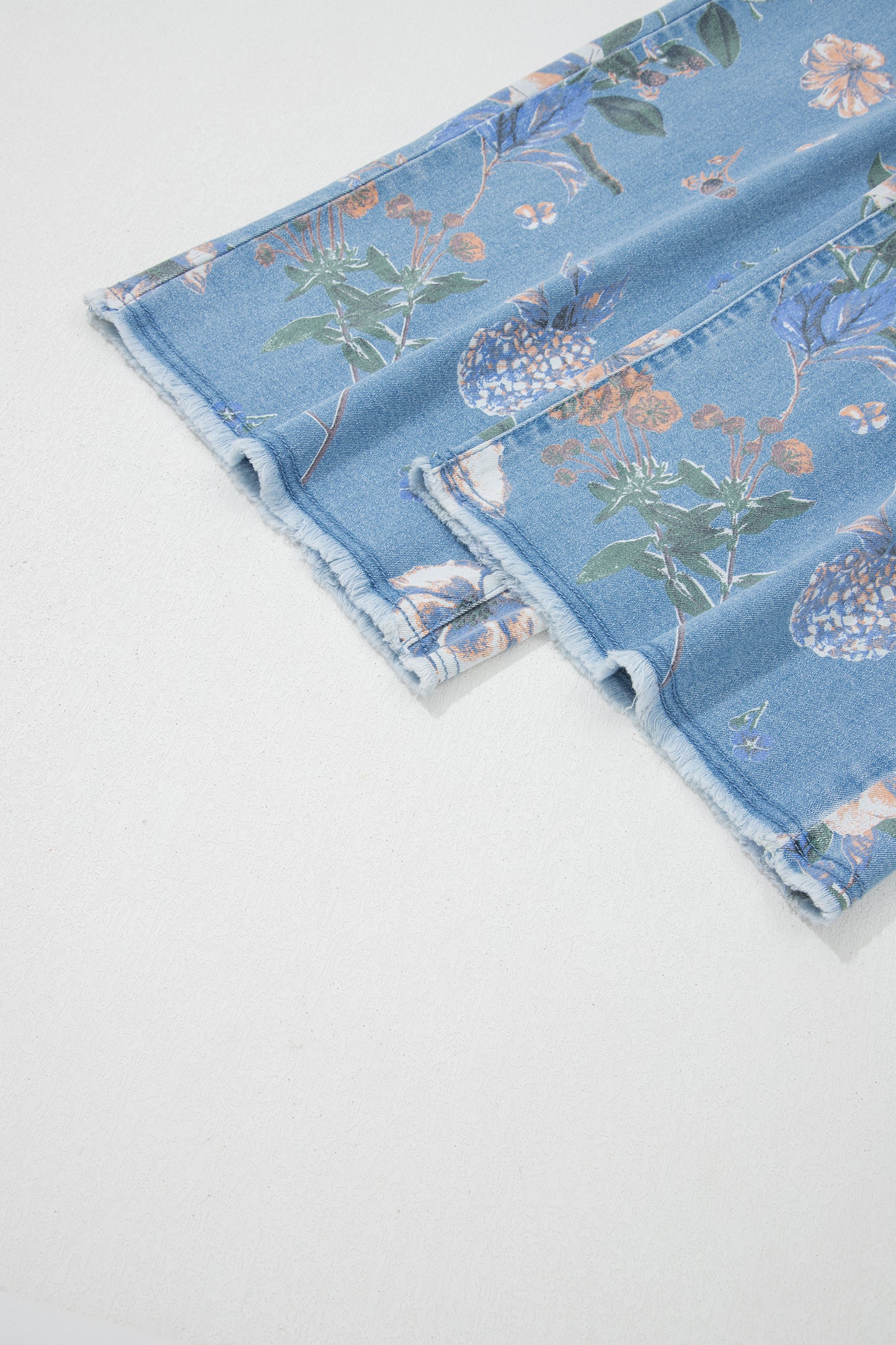 Sky Blue Retro Floral Print Frayed Hem Shift Jeans-Bottoms/Jeans-[Adult]-[Female]-2022 Online Blue Zone Planet