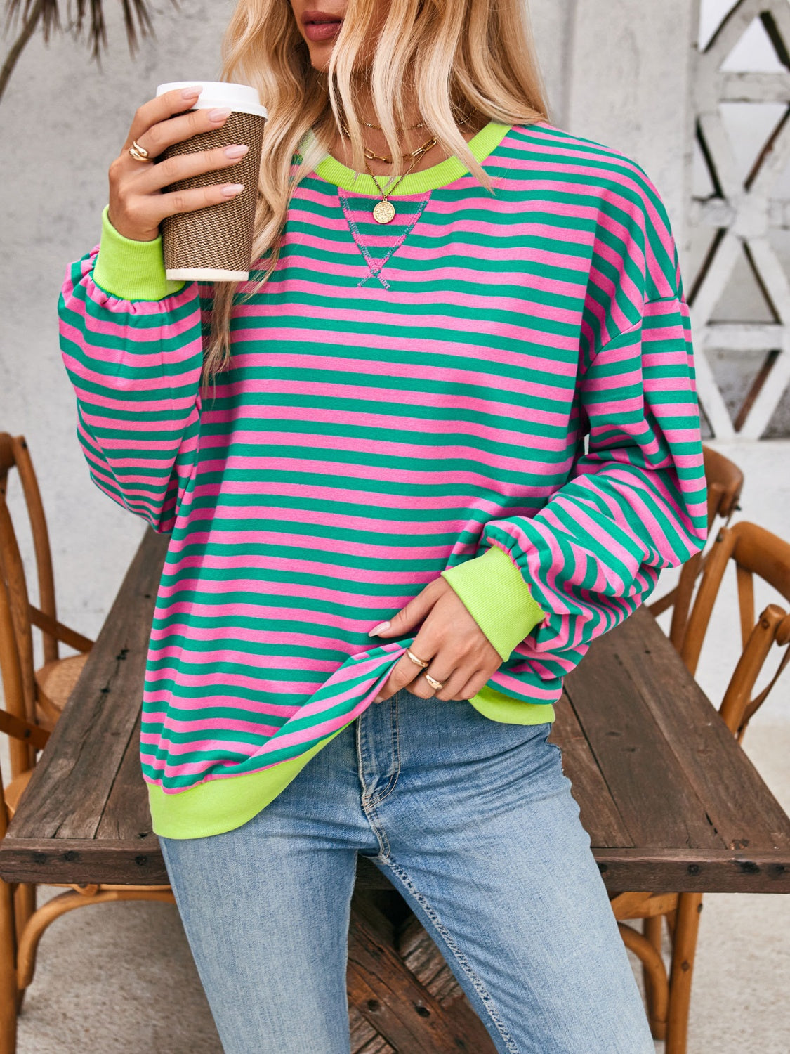 Blue Zone Planet | Lovelet Contrast Striped Long Sleeve Sweatshirt-TOPS / DRESSES-[Adult]-[Female]-2022 Online Blue Zone Planet