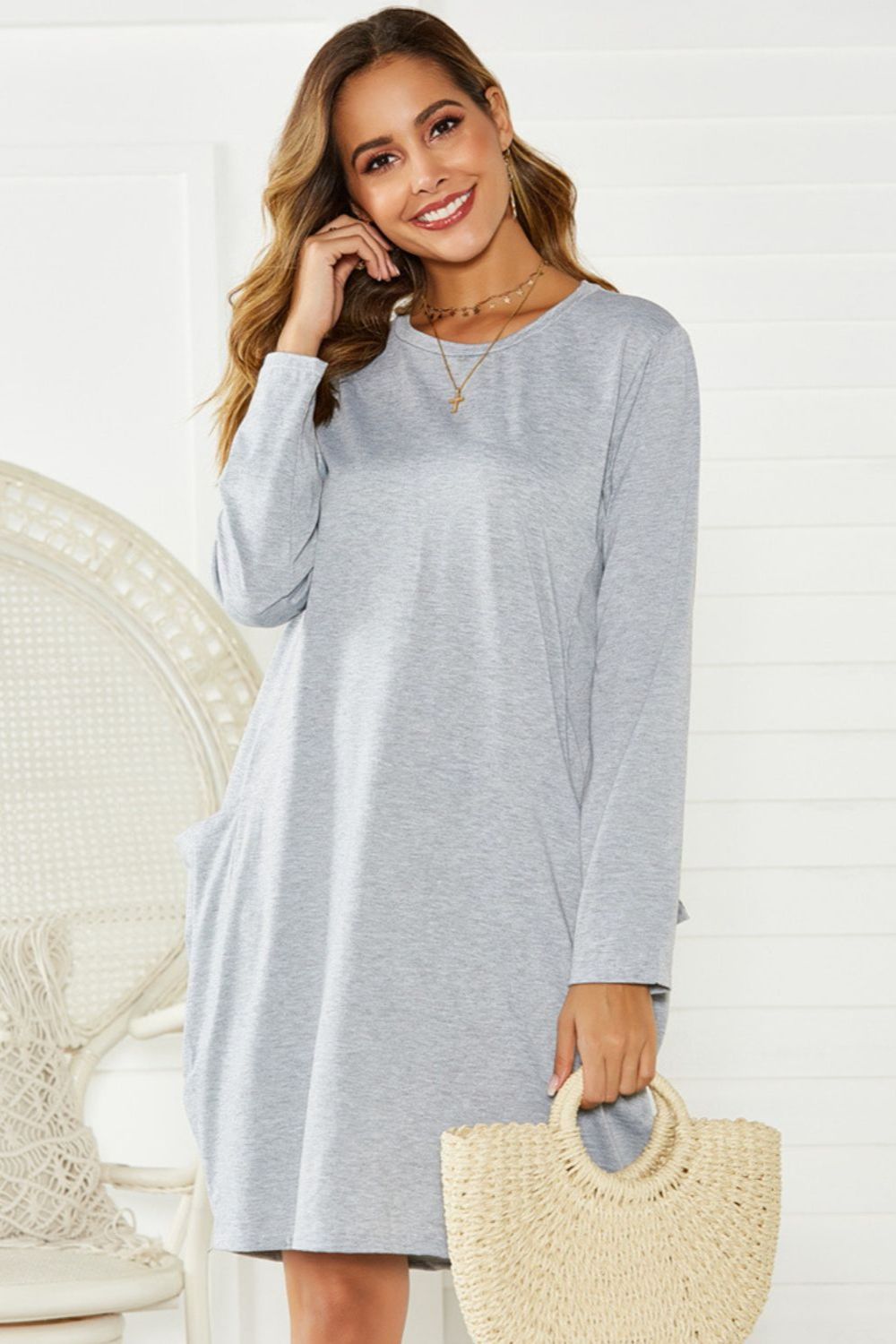 Pocketed Round Neck Long Sleeve Dress-TOPS / DRESSES-[Adult]-[Female]-2022 Online Blue Zone Planet