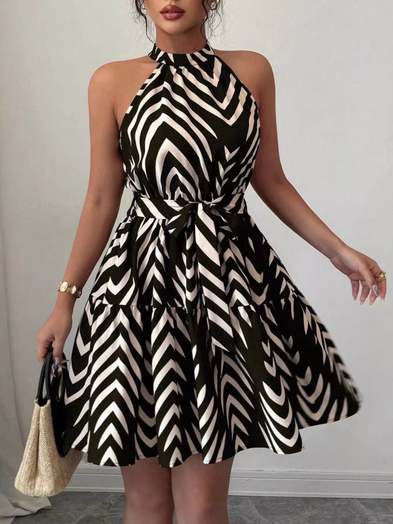 Zebra Print Halter Neck Tie Waist Ruffle Hem Dress – Blue Zone Planet