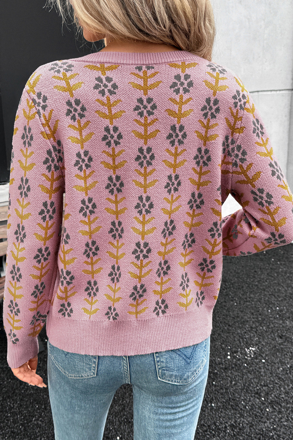 Pink Floral Button Down Ribbed Banded Cardigan Sweater-Sweaters & Cardigans/Cardigans-[Adult]-[Female]-2022 Online Blue Zone Planet